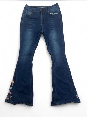 BAMBOO Dark Blue Embroidered Flare Denim Jeans with Floral Hem size 9